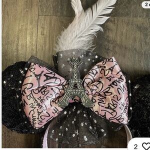Disney Pink and Black Sequin Minnie Ears with Eiffel Tower Charm.